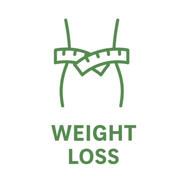 Green outline icon of a waist with a measuring tape around it, and the words "WEIGHT LOSS" below.