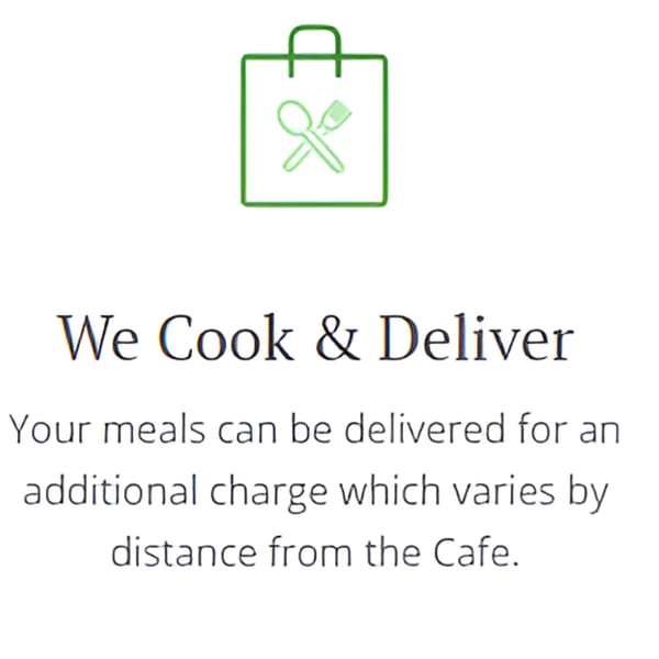 Green outline icon of a shopping bag with a spoon and fork, indicating food delivery.